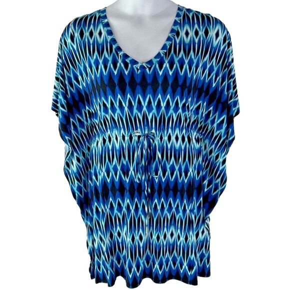 Calvin Klein Size 14 Blue Dress Kimono Flutter Sleeve Geometric Drawstring - Picture 1 of 11